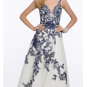 Embroidered Illusion Plunge Ball Gown Dress